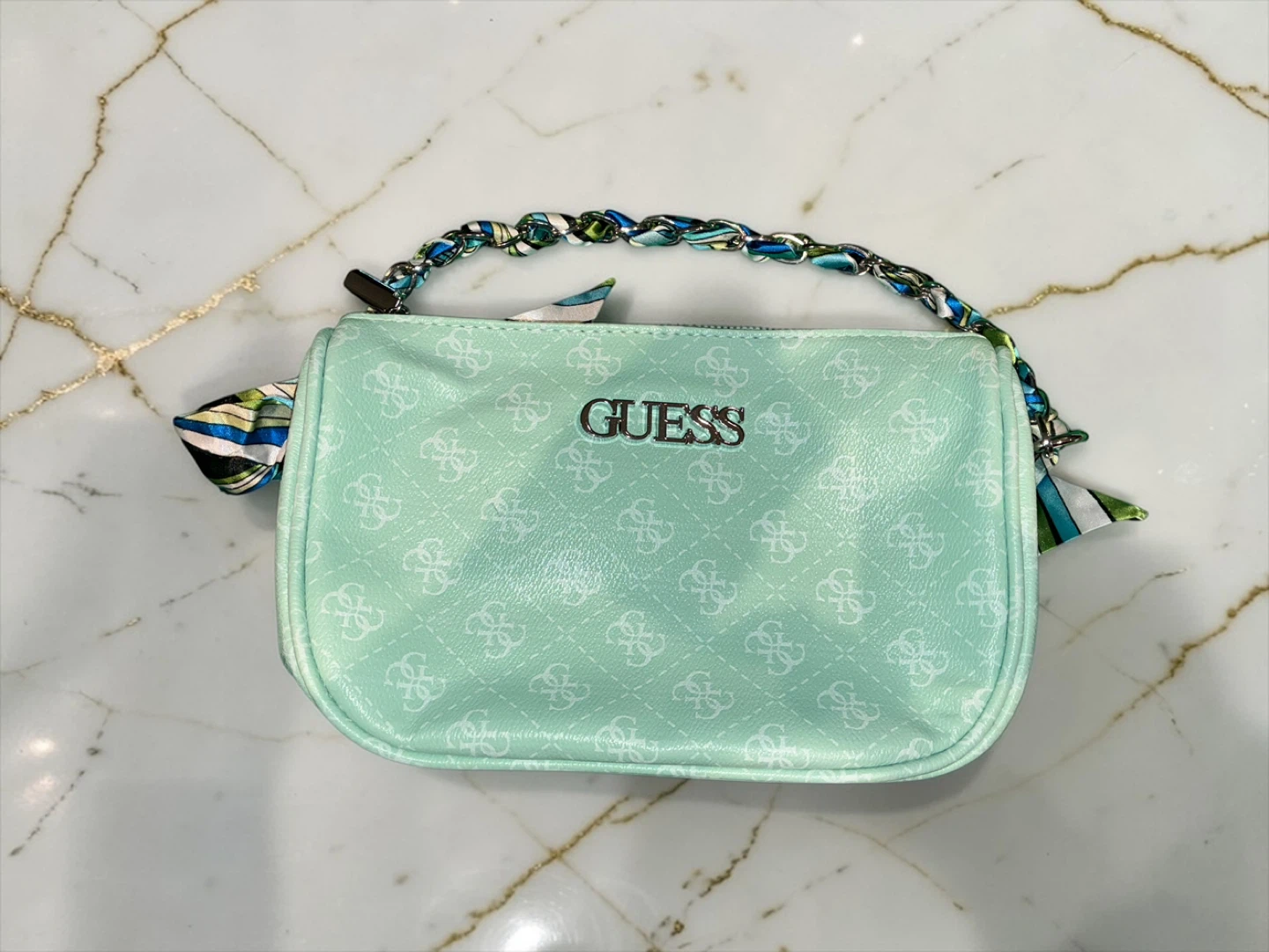 Guess Mint Green Monogram Small Shoulder Bag with Scarf Handle