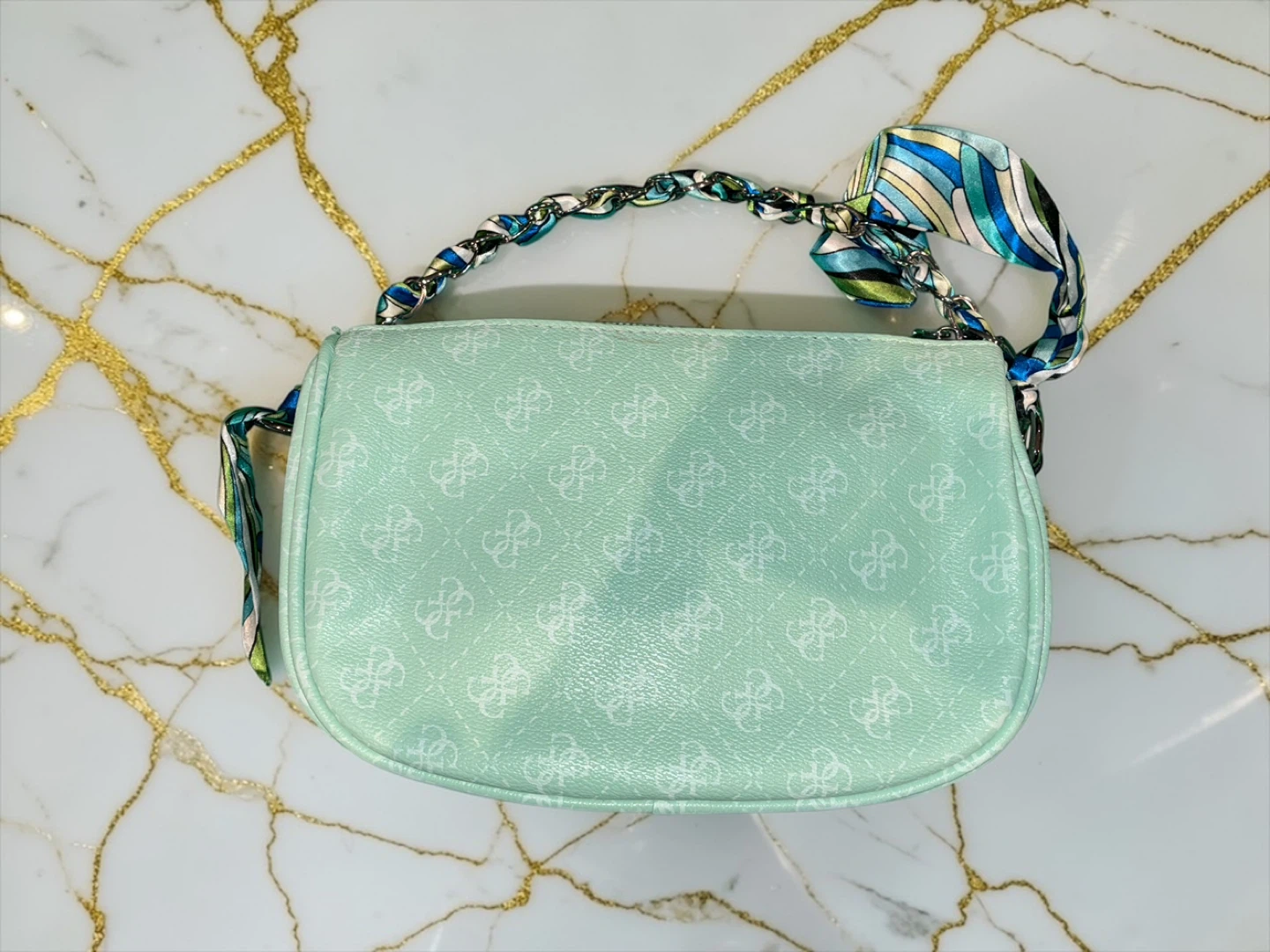 Guess Mint Green Monogram Small Shoulder Bag with Scarf Handle - photo 2
