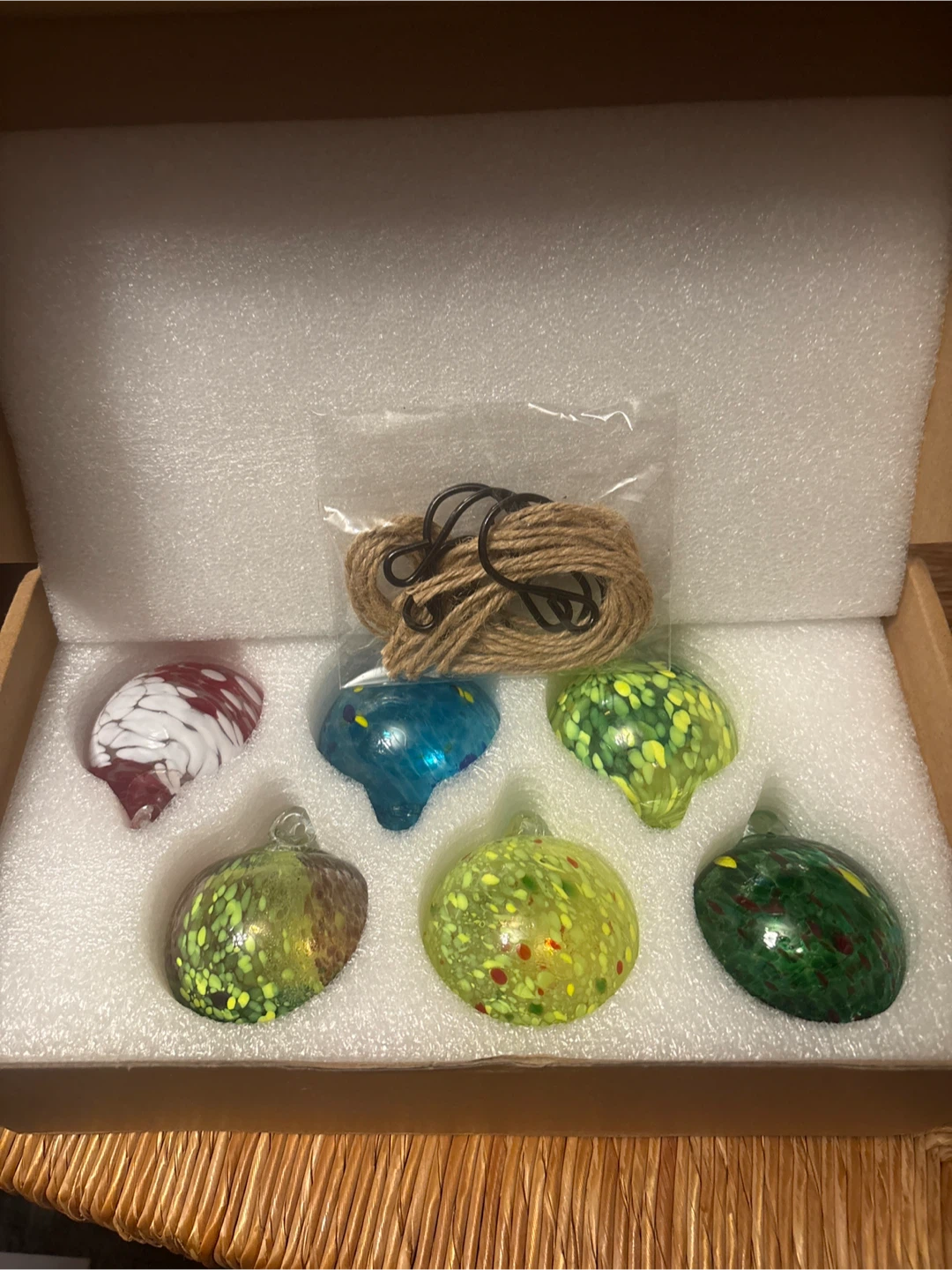 Set of 6 Blown Glass Ornaments with Hanging Kit