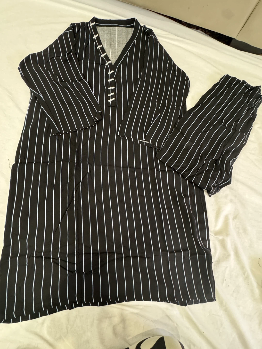 Black and White Striped Kurta and Pants Set