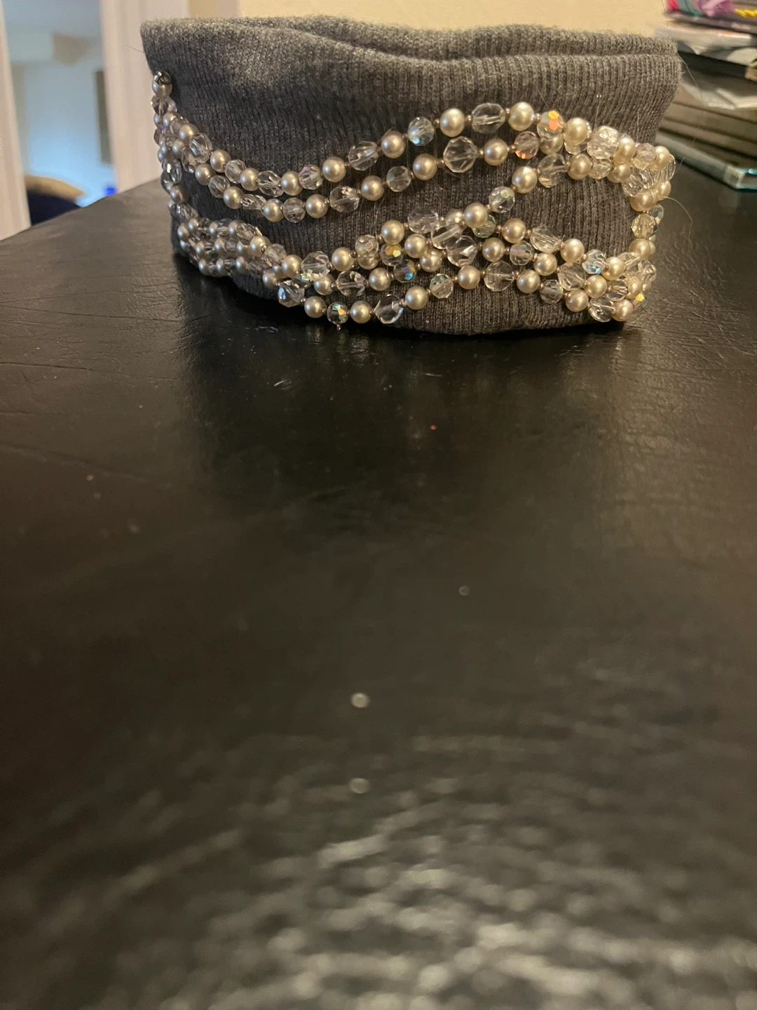 Grey cotton, custom designed headband with Pearl and Crystal - photo 4