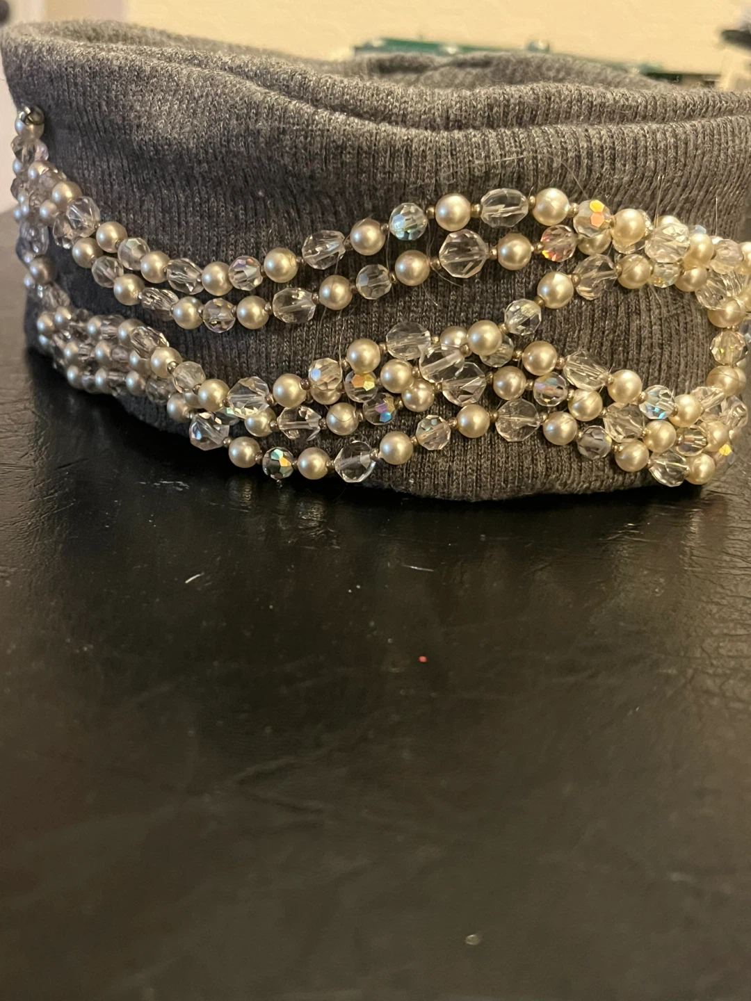 Grey cotton, custom designed headband with Pearl and Crystal