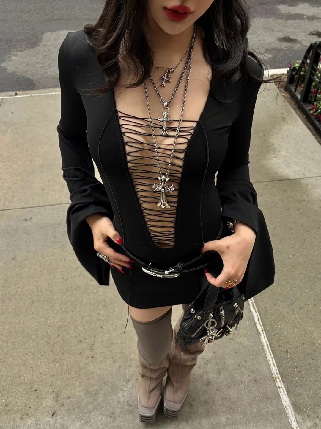 Black Lace-Up Plunge Dress with Bell Sleeves