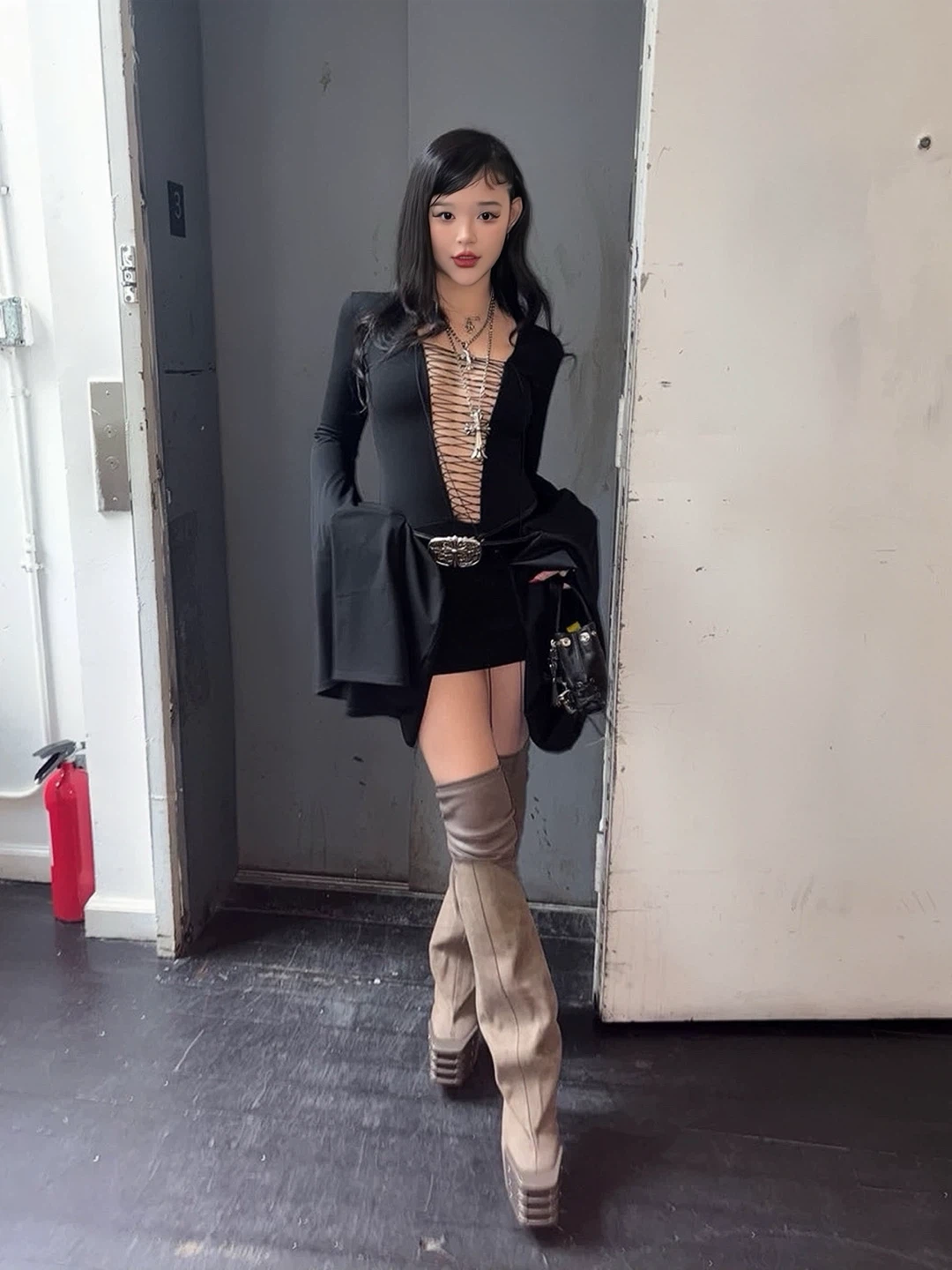 Black Lace-Up Plunge Dress with Bell Sleeves - photo 4