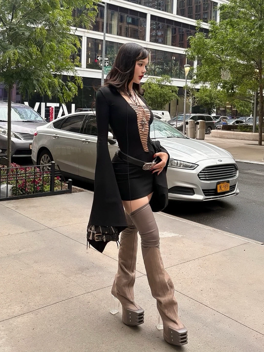 Black Lace-Up Plunge Dress with Bell Sleeves - photo 2