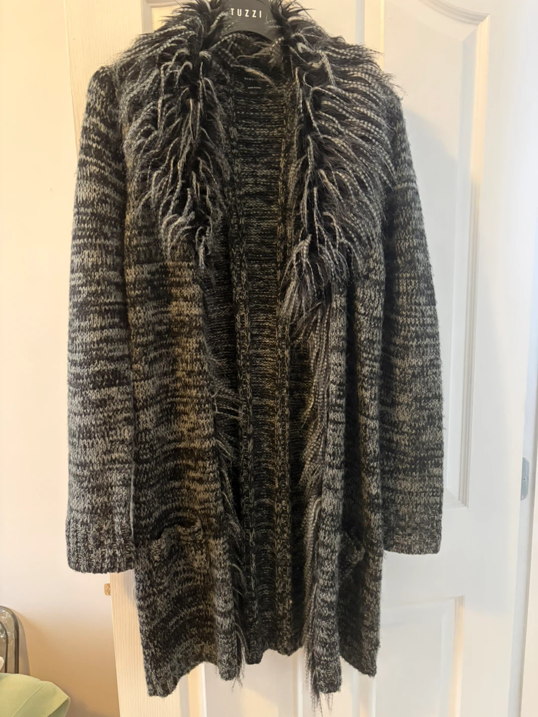 BCBGMAXAZRIA Long Knit Cardigan with Faux Fur Collar