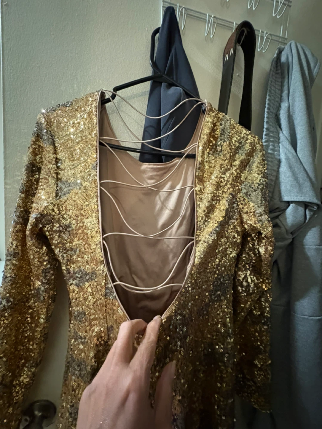 Gold Sequin Long Sleeve Open Back Mini Dress