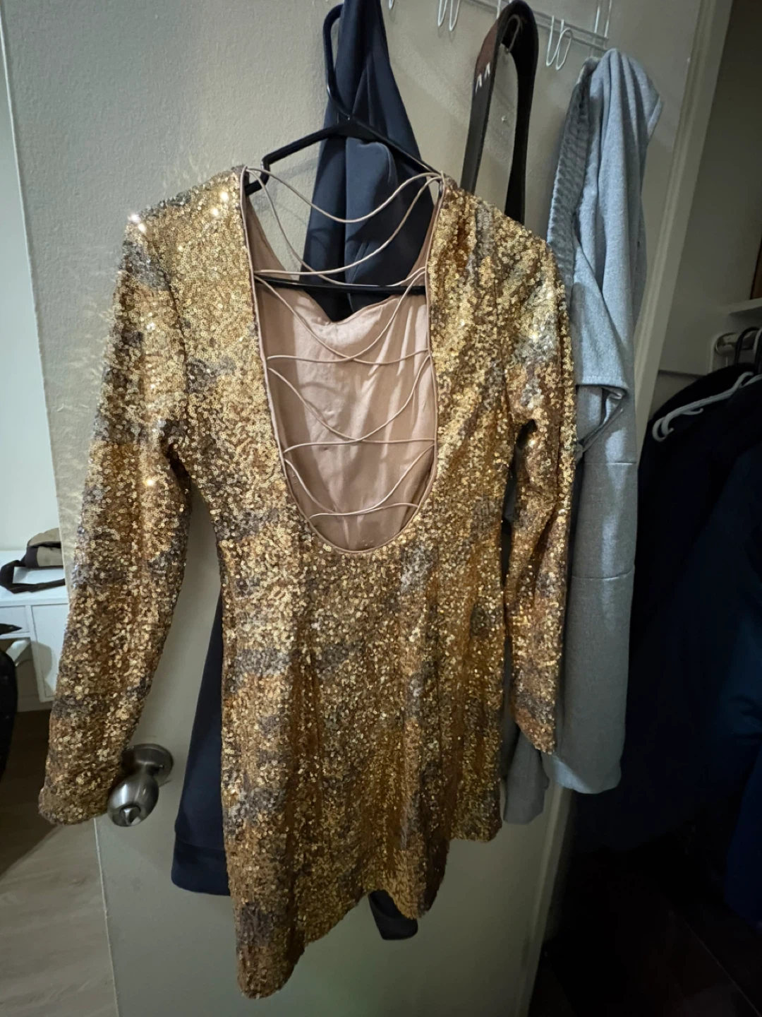Gold Sequin Long Sleeve Open Back Mini Dress - photo 3