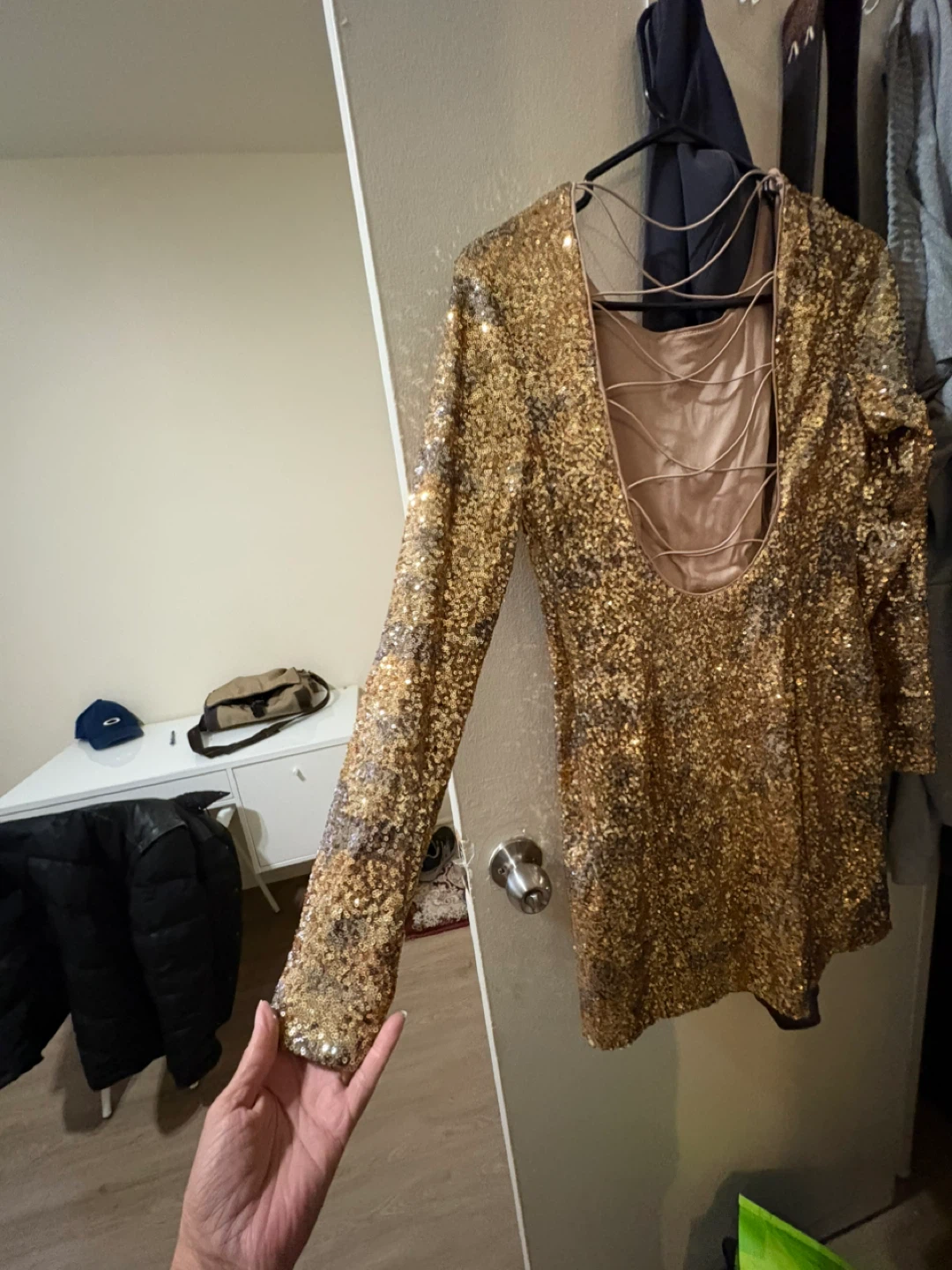 Gold Sequin Long Sleeve Open Back Mini Dress - photo 2