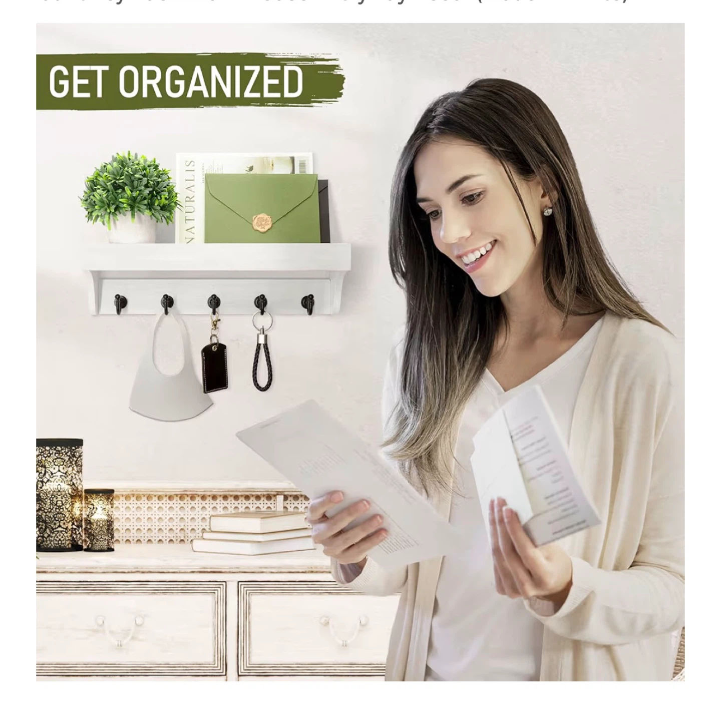 White Wall Shelf with 6 Hooks - photo 2
