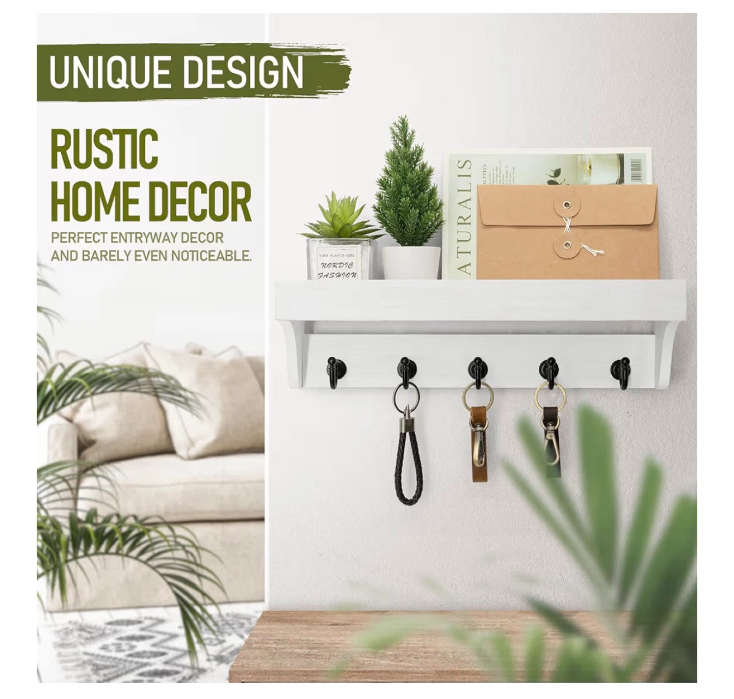 White Wall Shelf with 6 Hooks - photo 5