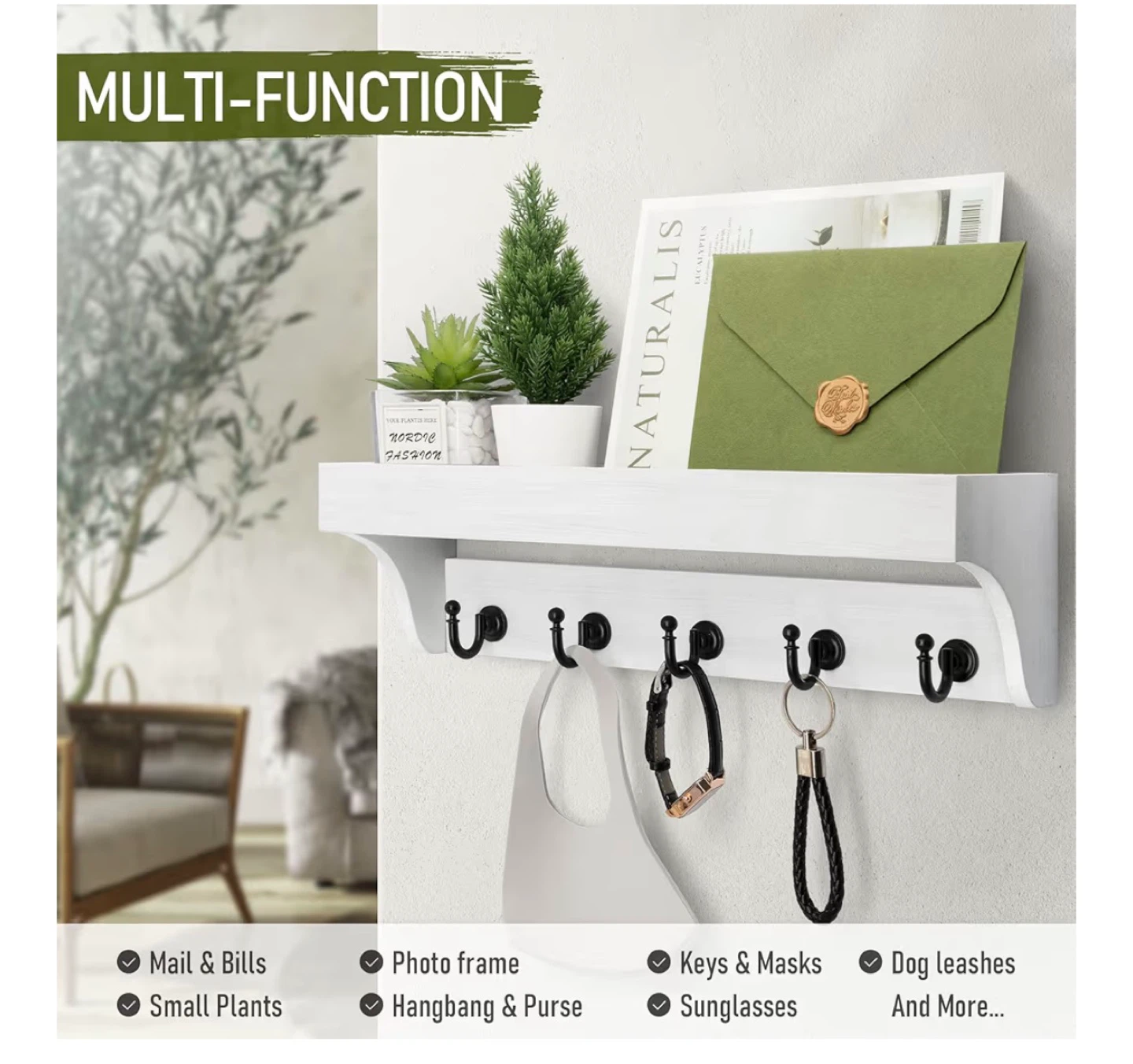 White Wall Shelf with 6 Hooks - photo 4