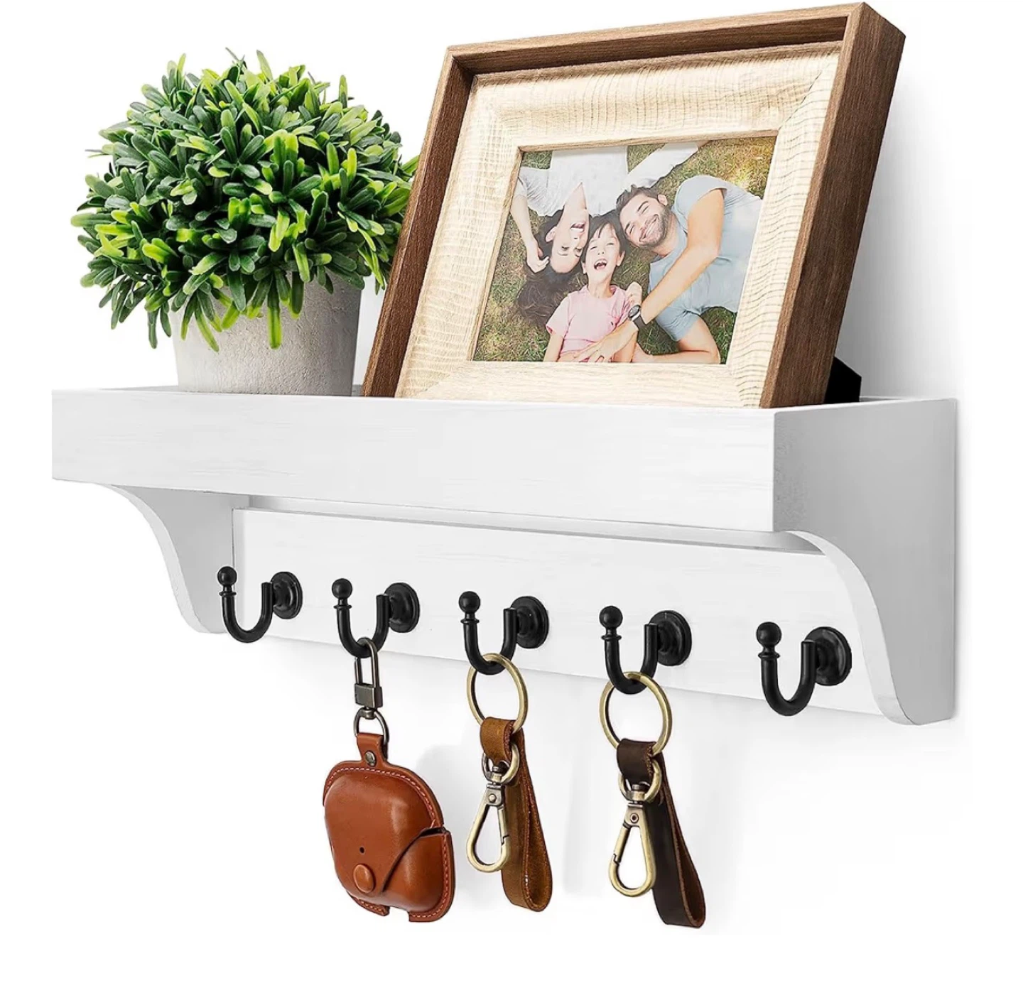 White Wall Shelf with 6 Hooks