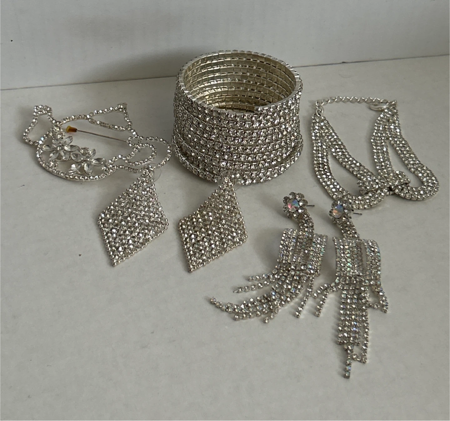 Rhinestone Jewelry Set - Bracelet, Earrings, Brooch & Necklace