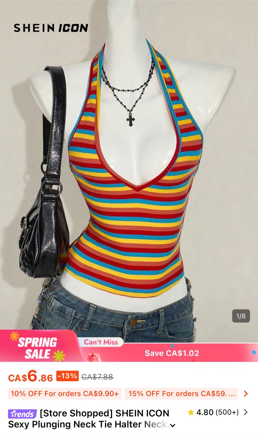 SHEIN Plunging Neck Tie Halter Neck Rainbow Striped Top