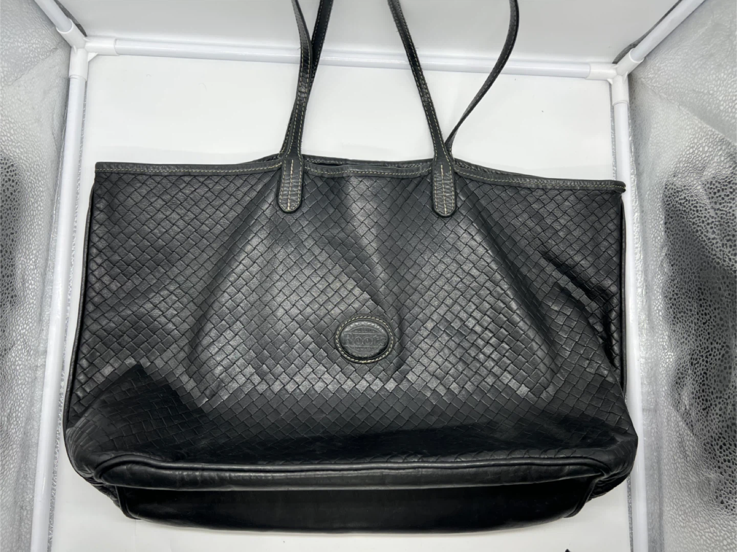ROOTS Y2K Black Woven Leather Large Slouchy Tote Carryall Bag