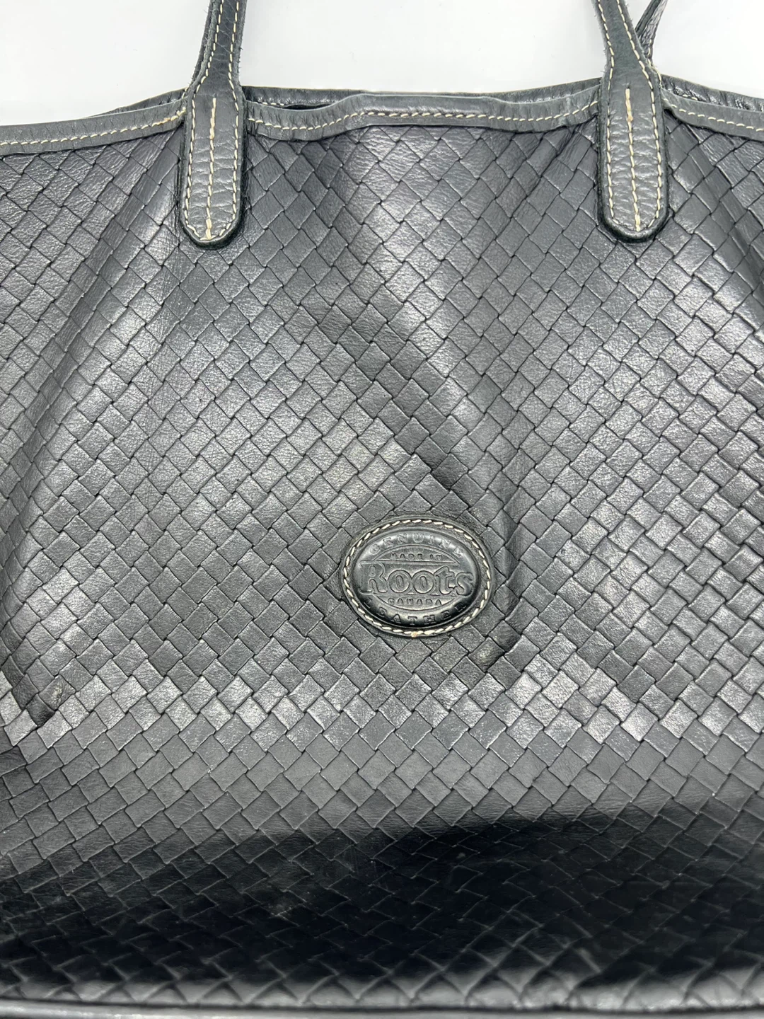 ROOTS Y2K Black Woven Leather Large Slouchy Tote Carryall Bag - photo 2