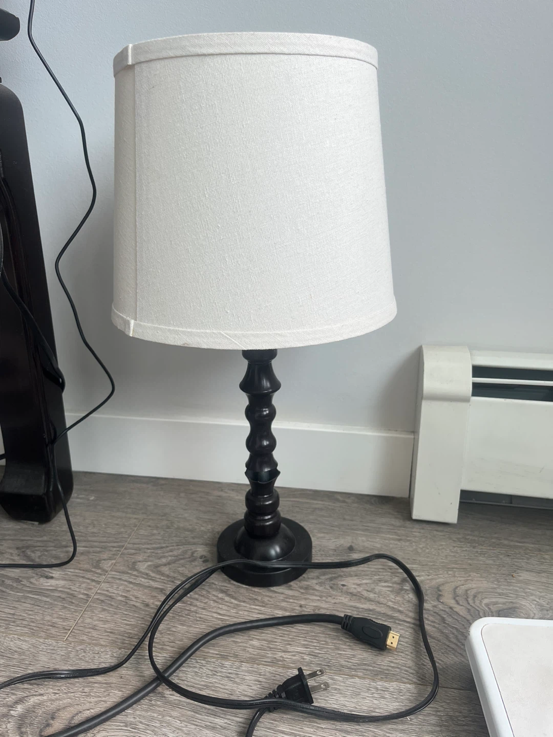 Dark Wood Table Lamp with White Shade