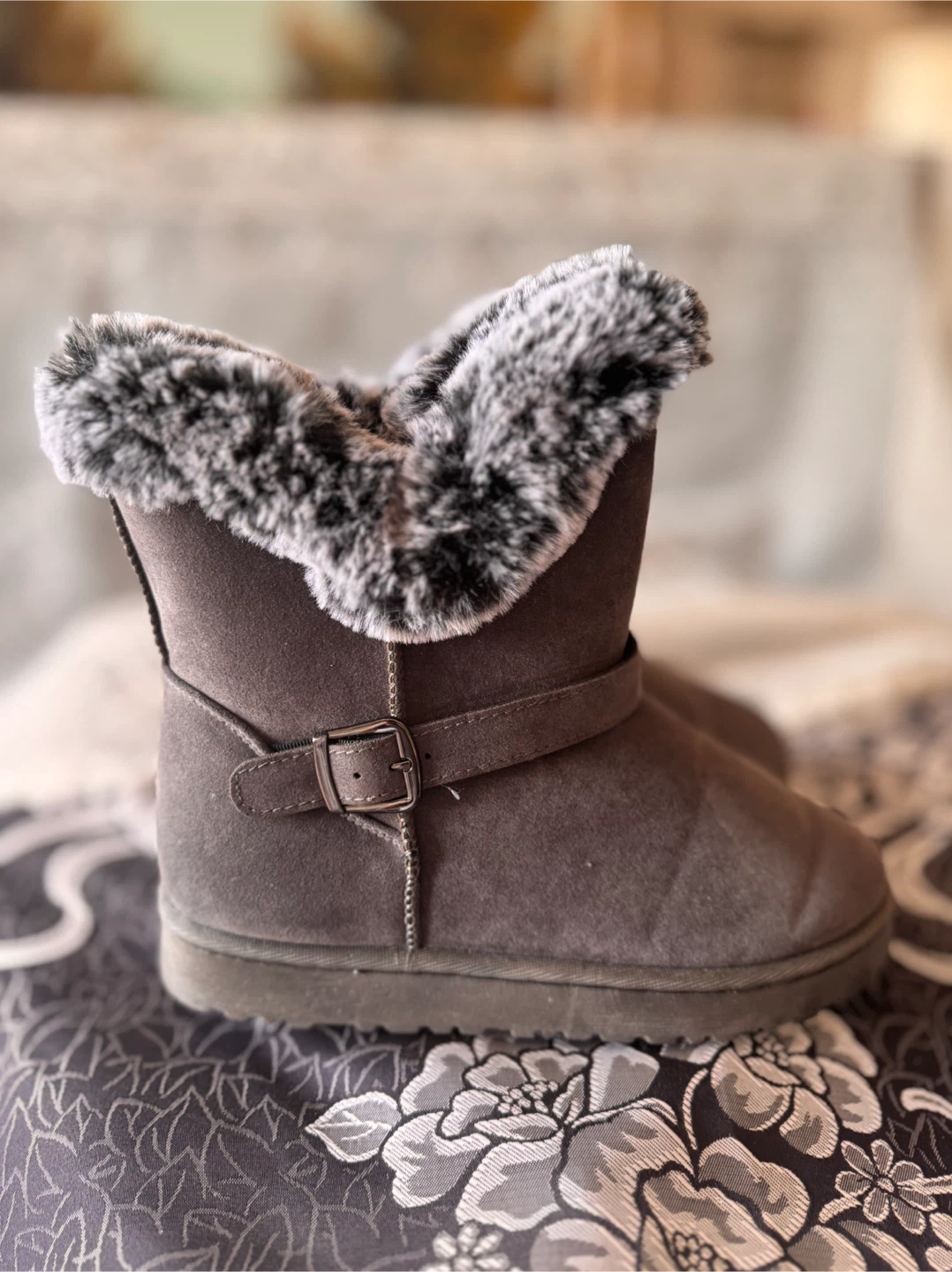 Grey Faux Suede Winter Boots with Fur Trim - photo 3