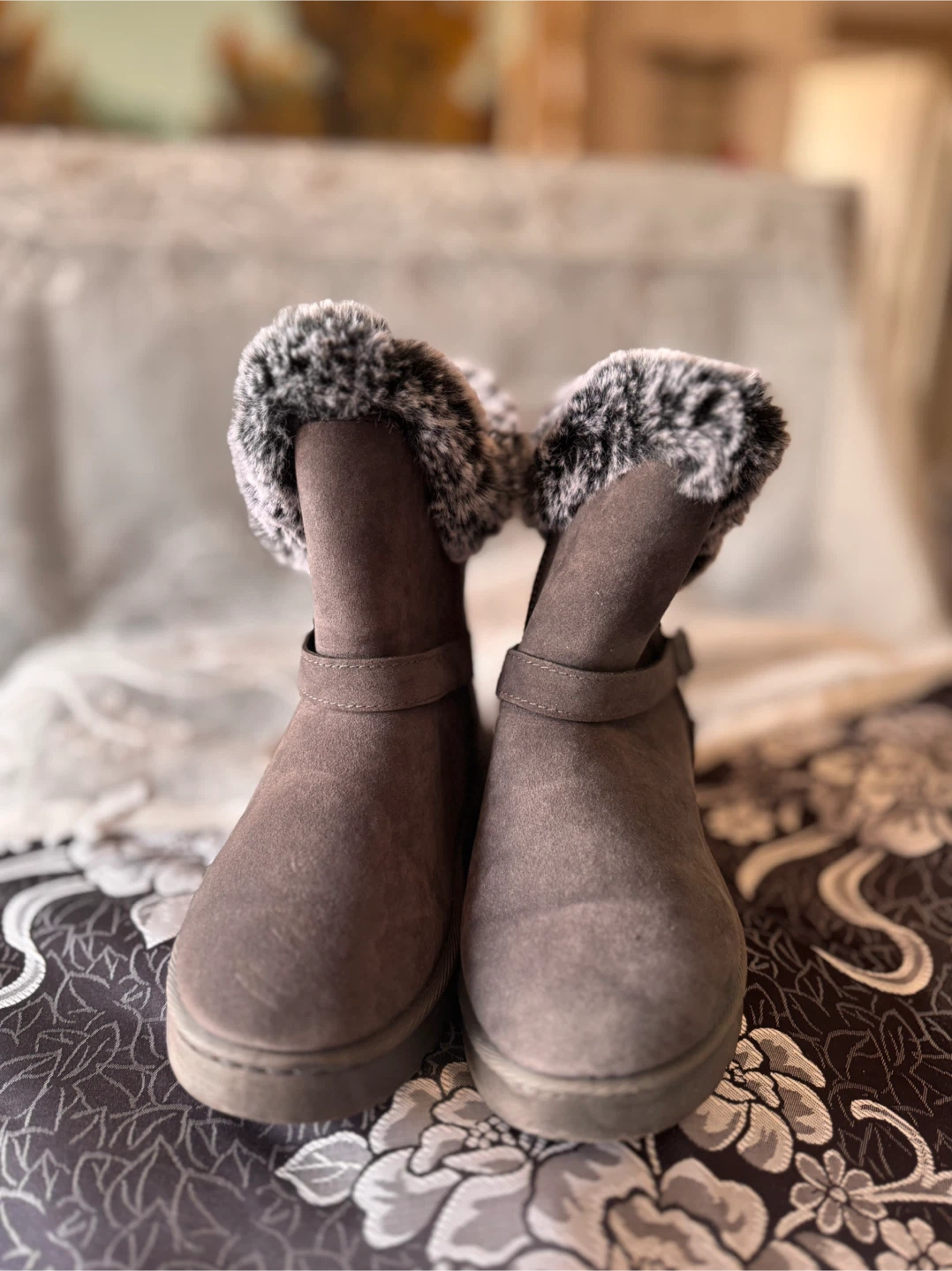 Grey Faux Suede Winter Boots with Fur Trim - photo 2