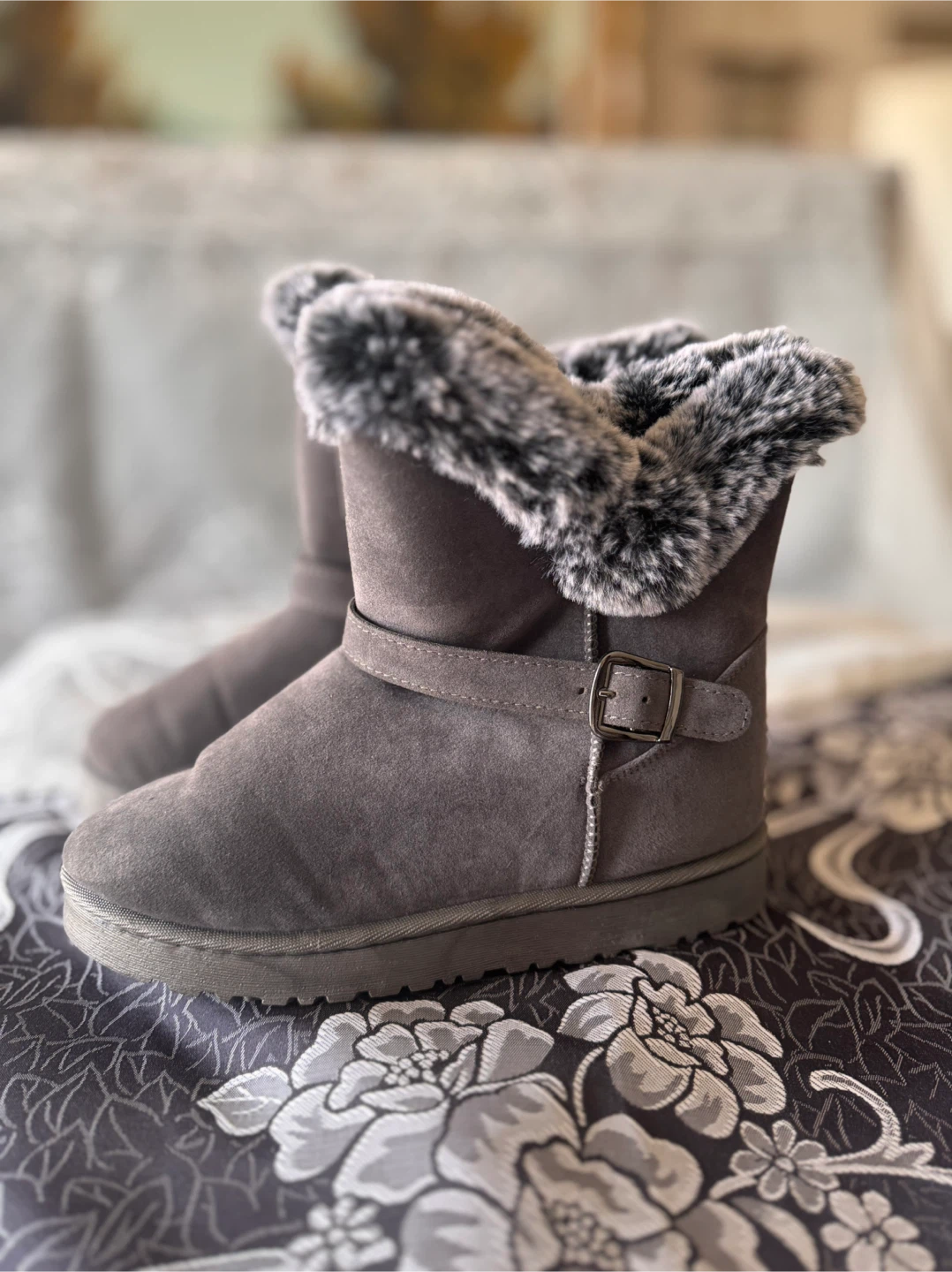 Grey Faux Suede Winter Boots with Fur Trim