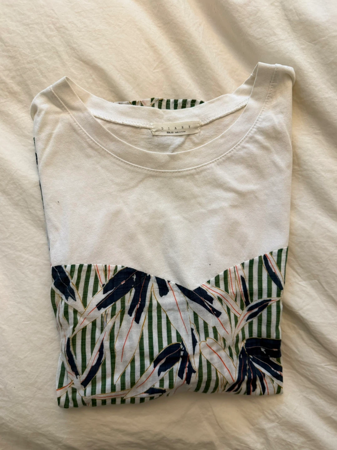 Made in Korea- White T-Shirt with Green Leaf Print