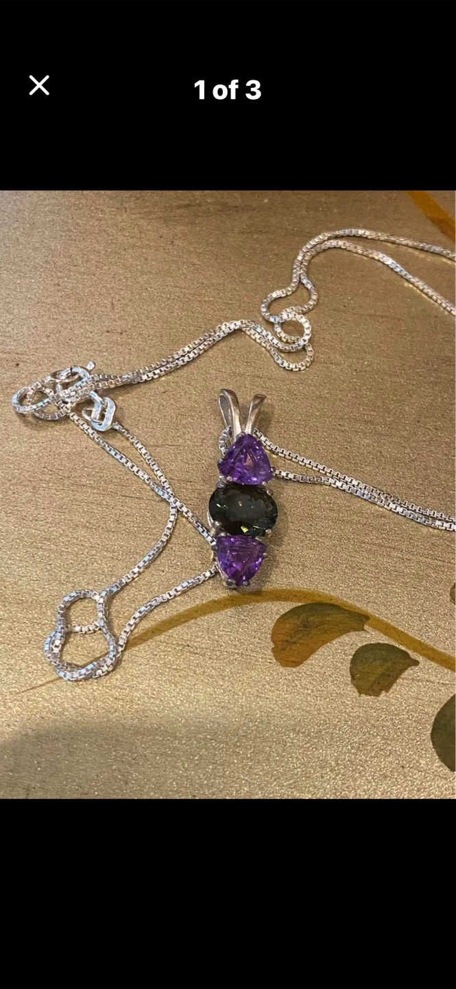 💜💚Silver 3-Stone Amethyst & Green Quartz Pendant Necklace - photo 2