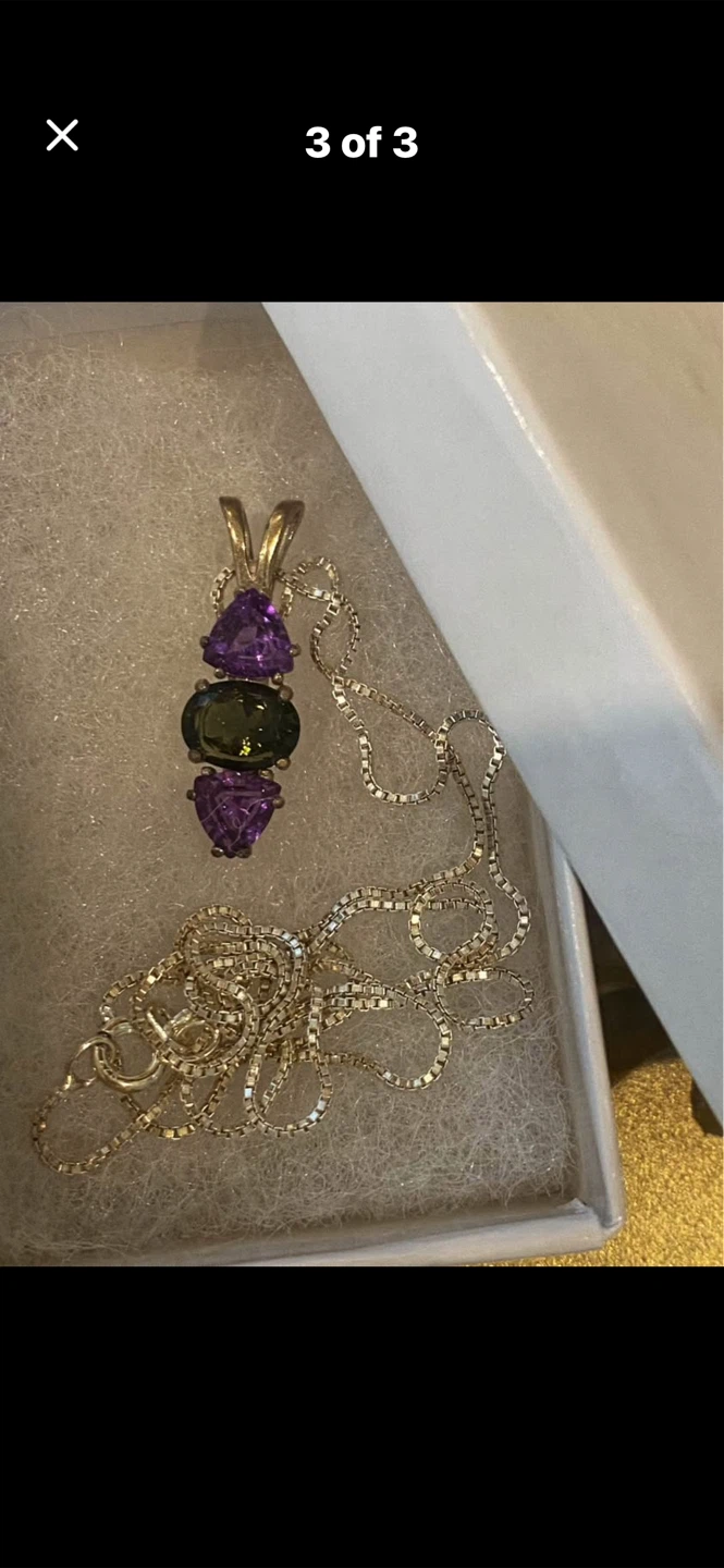 💜💚Silver 3-Stone Amethyst & Green Quartz Pendant Necklace - photo 4