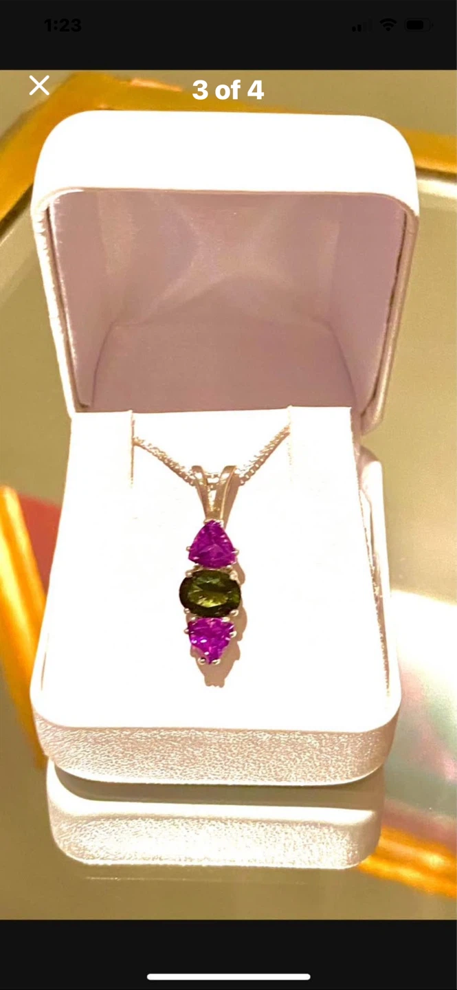 💜💚Silver 3-Stone Amethyst & Green Quartz Pendant Necklace