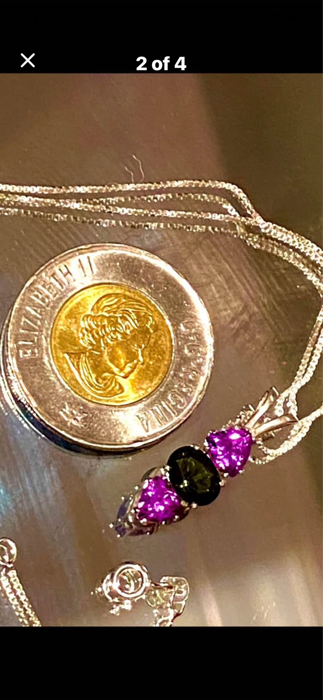 💜💚Silver 3-Stone Amethyst & Green Quartz Pendant Necklace - photo 3