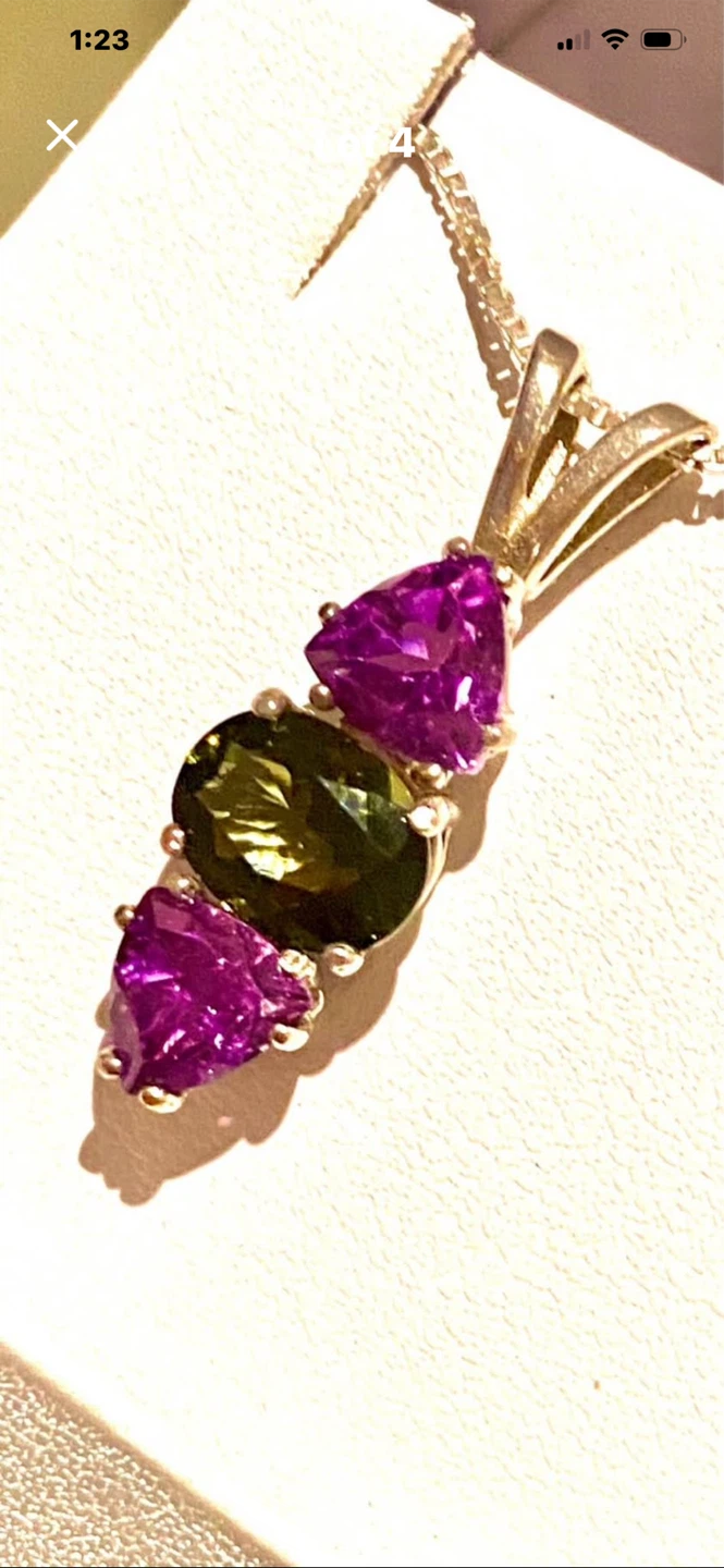 💜💚Silver 3-Stone Amethyst & Green Quartz Pendant Necklace - photo 5