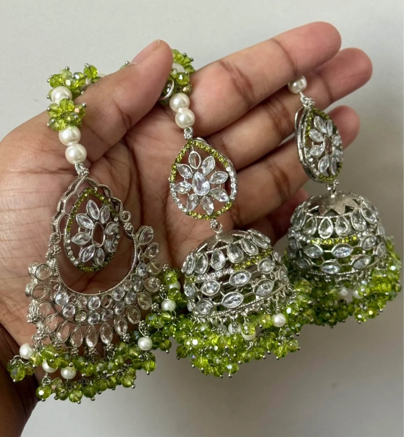 Silver Tone Jhumka Earrings with Green Beads and Crystals - photo 2