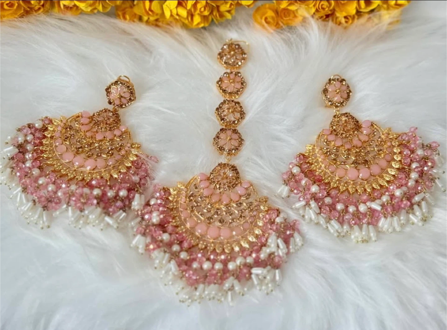 Pakistani Pink Beaded Tika and Earrings Set