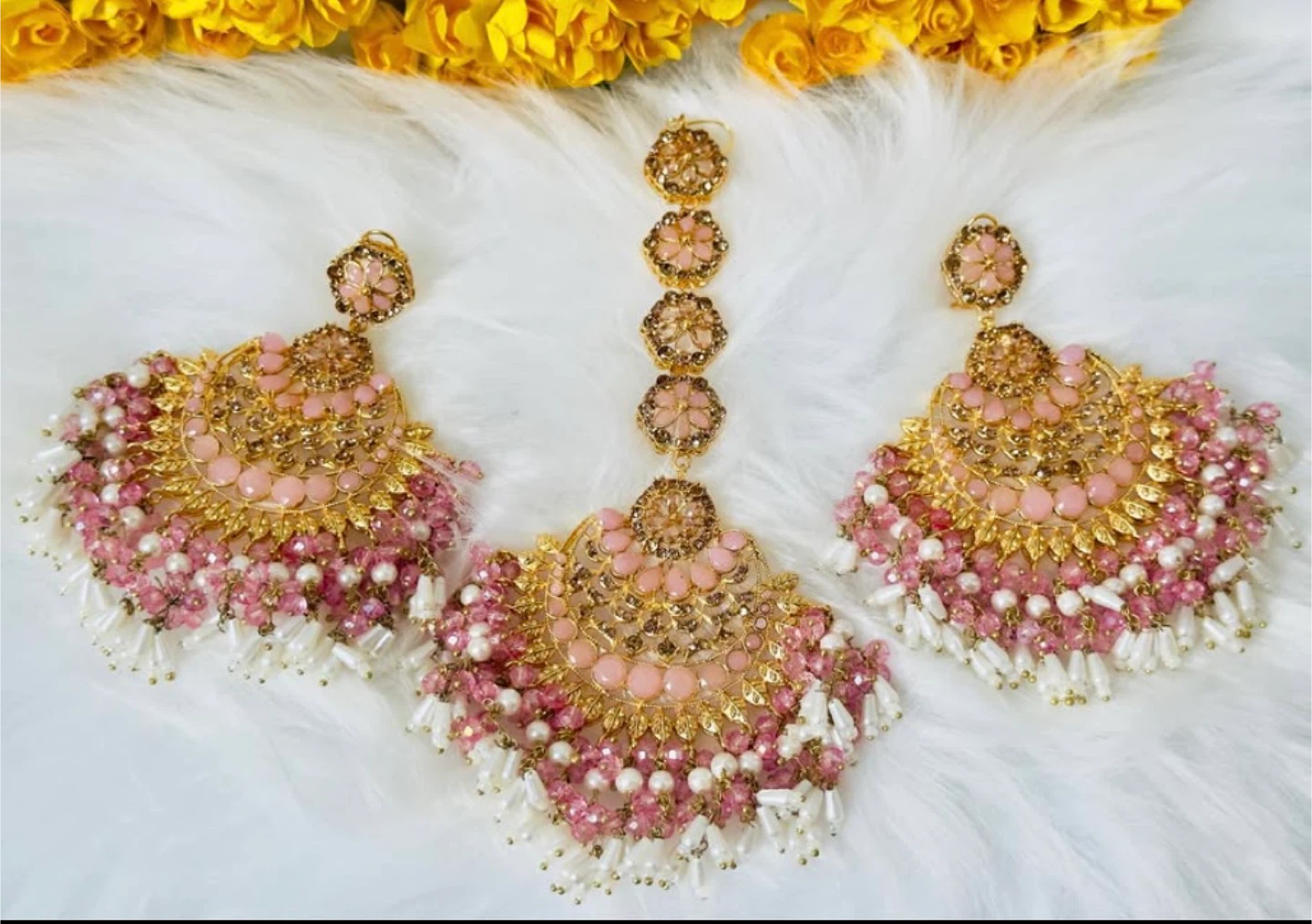 Pakistani Pink Beaded Tika and Earrings Set - photo 2