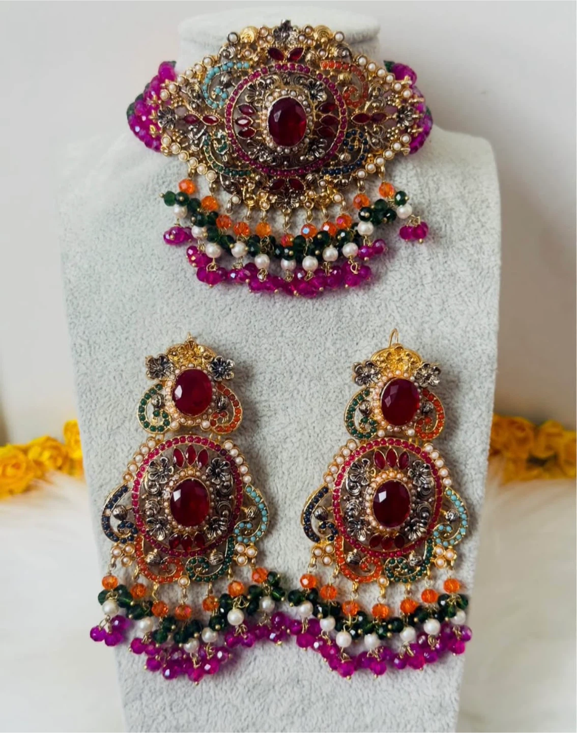 Pakistani Bridal Choker Necklace Earrings Set