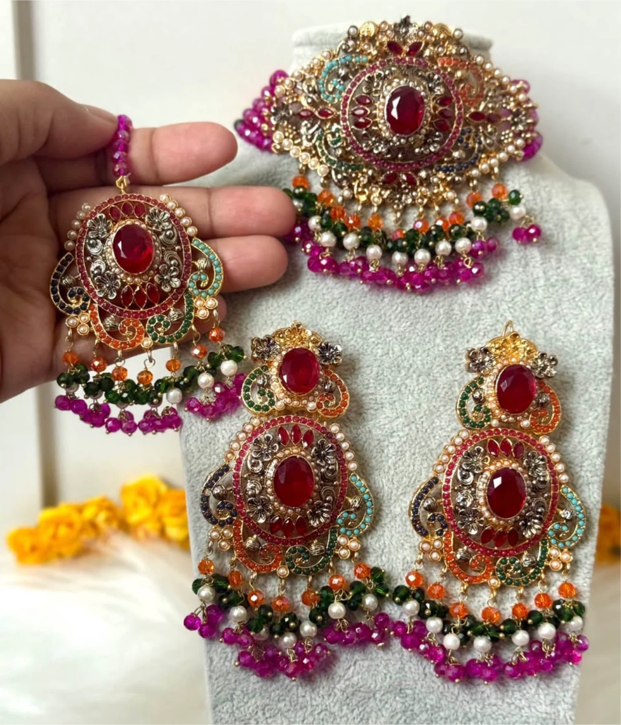 Pakistani Bridal Choker Necklace Earrings Set - photo 2