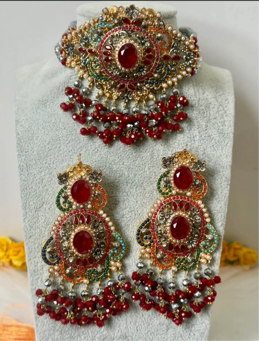 Pakistani Traditional Jewelry Set Choker Earrings Red