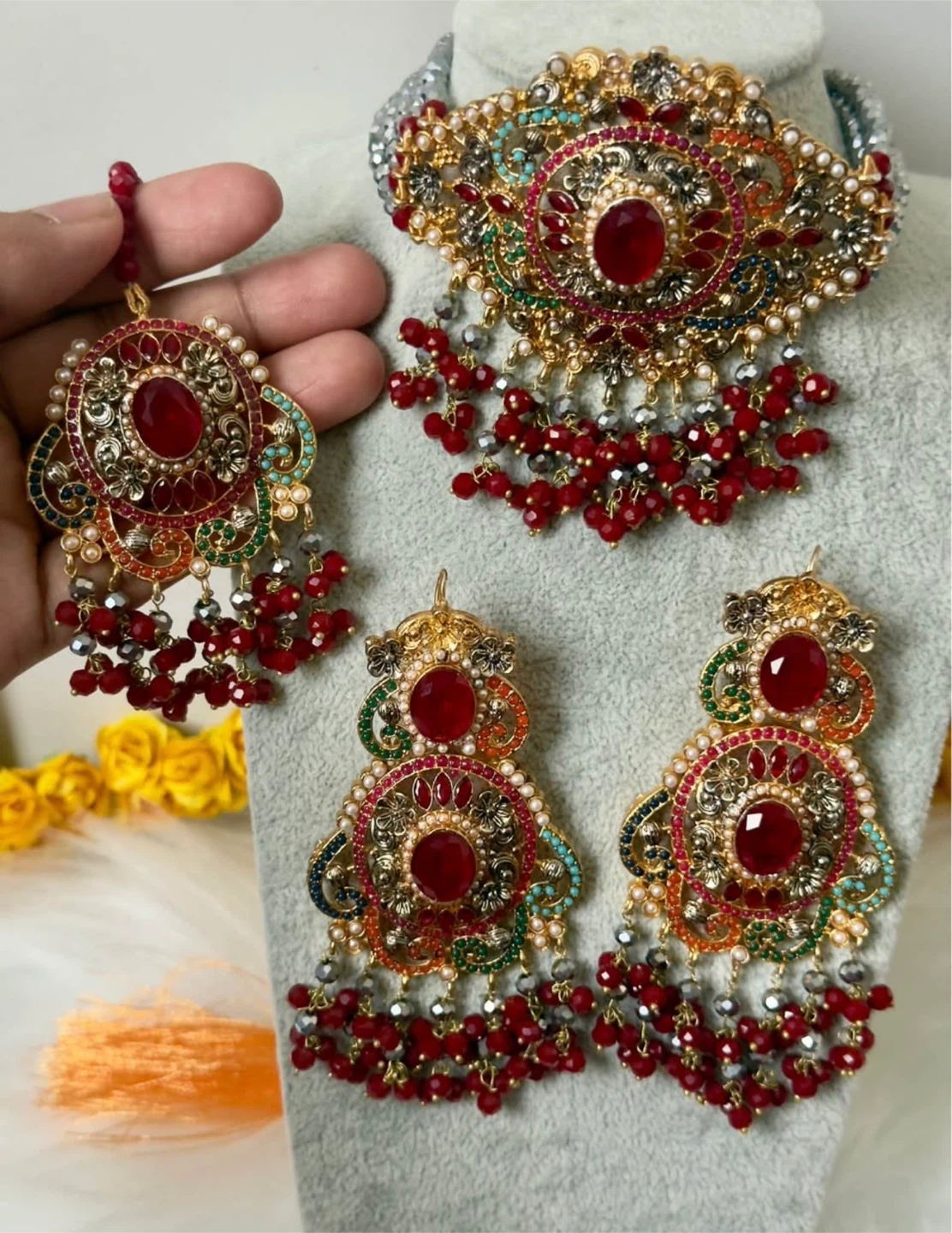 Pakistani Traditional Jewelry Set Choker Earrings Red - photo 2