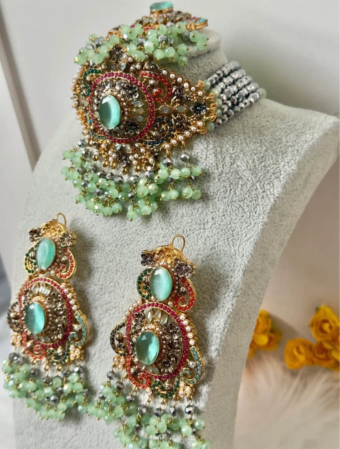 Green Gemstone Choker Necklace and Earring Set