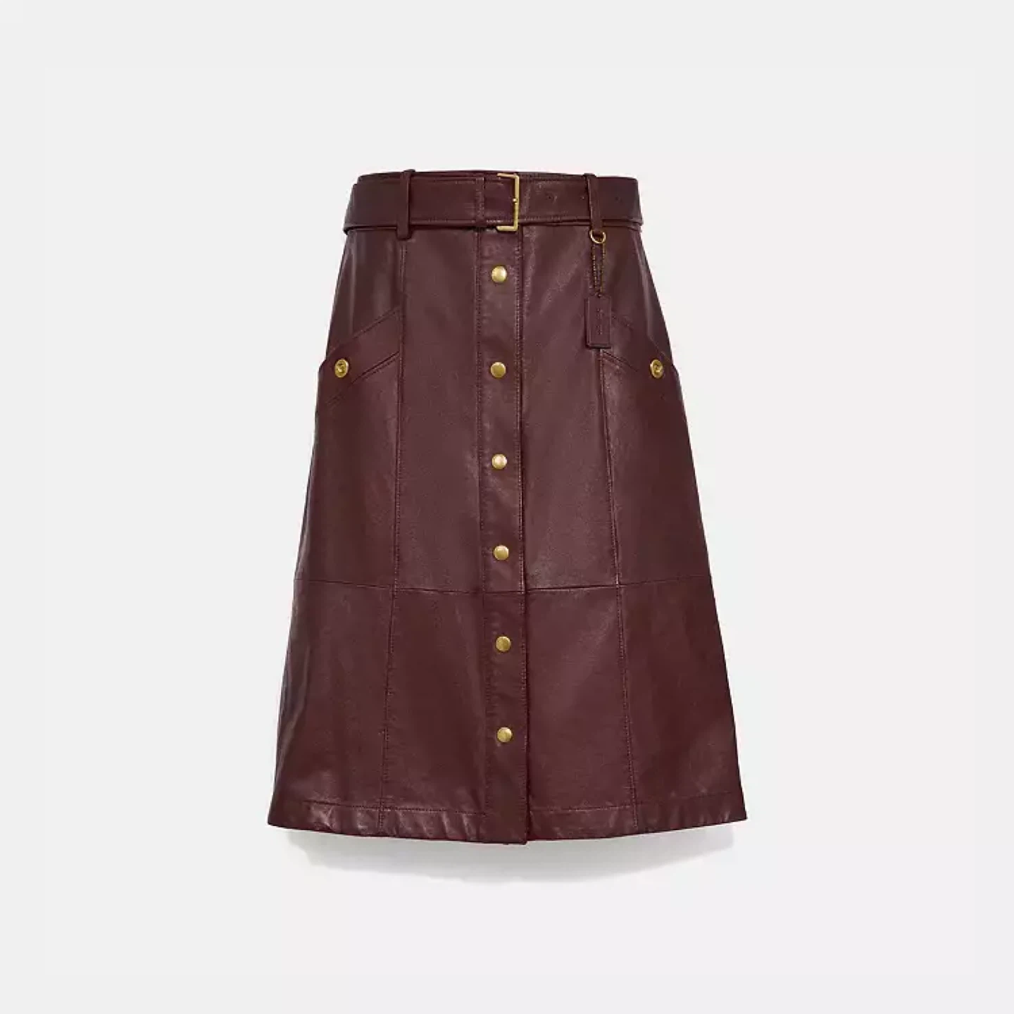 NEW COACH Espresso Lamb Leather Snap Front Button Midi Skirt 0