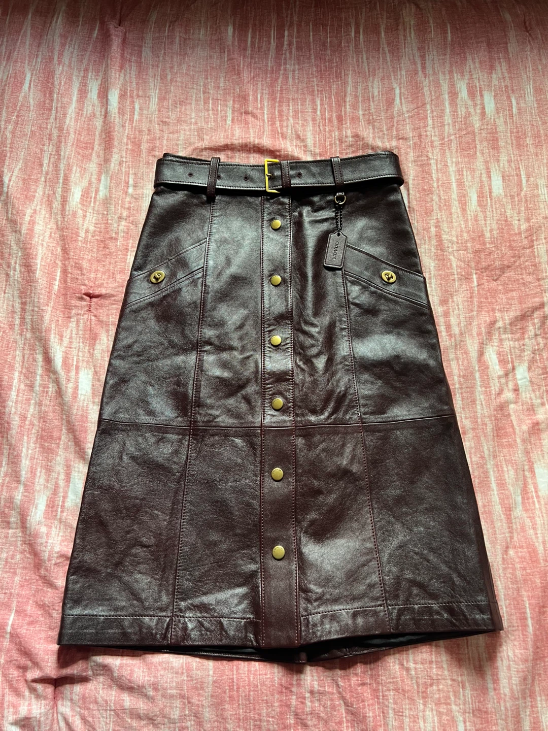 NEW COACH Espresso Lamb Leather Snap Front Button Midi Skirt 0 - photo 2