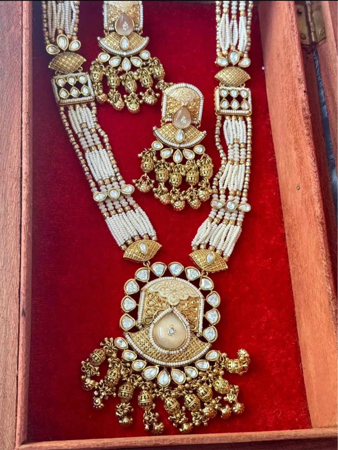 Gold Tone Necklace and Earrings Set with White Beads