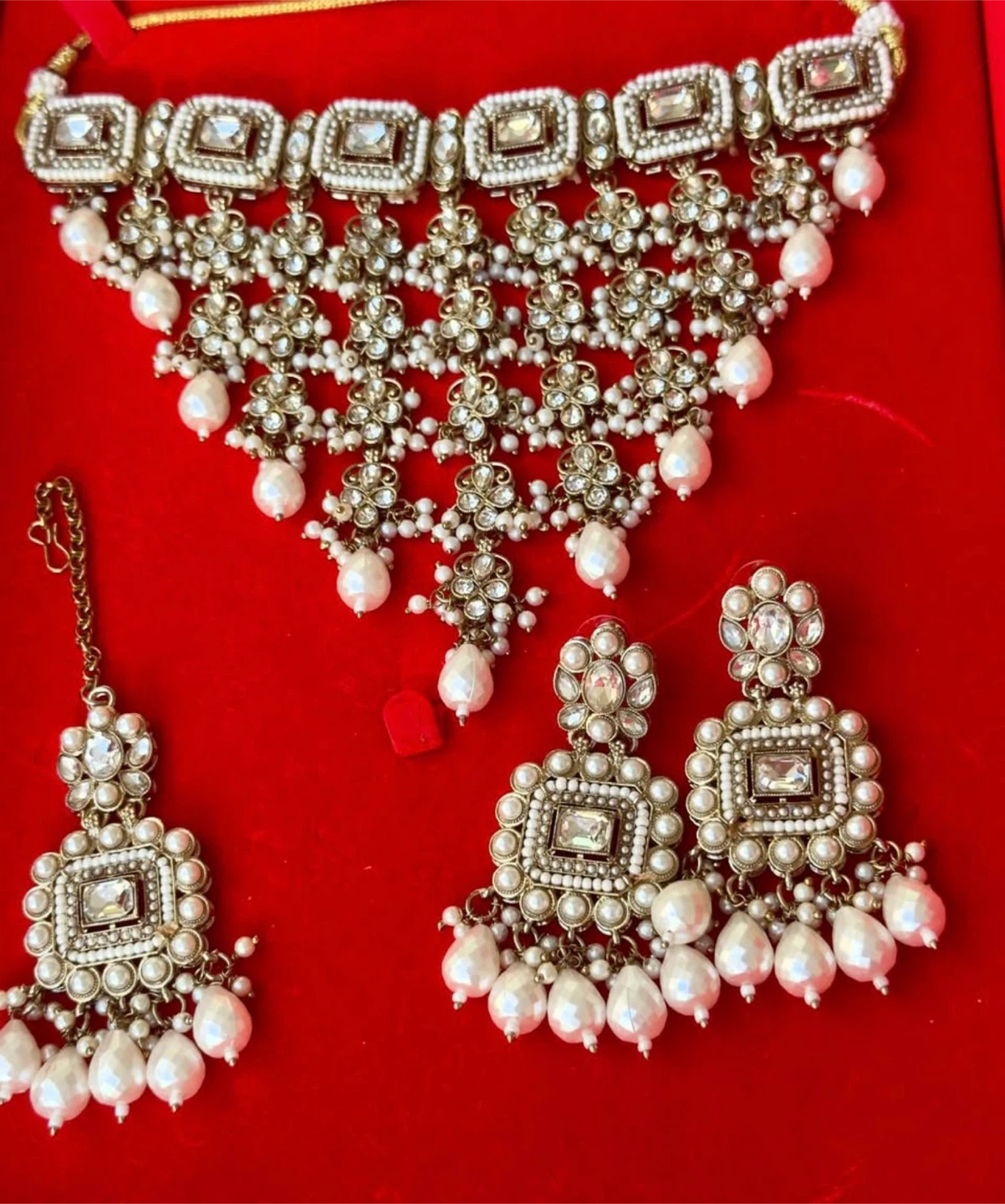 Pearl and Stone Necklace Set with Earrings and Tikka