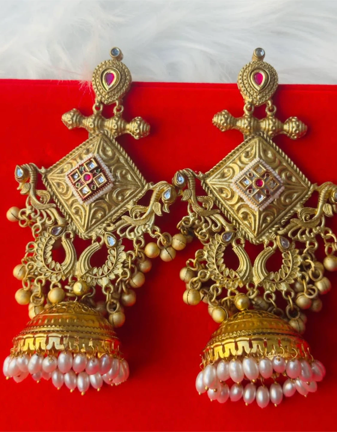 Gold Tone Kashmiri Jhumka Earrings with Pearls and Red Stones - photo 2