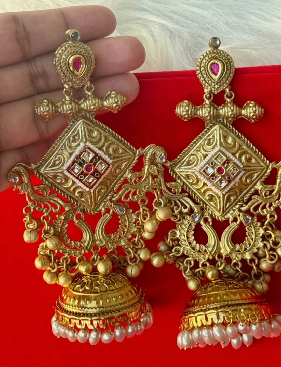 Gold Tone Kashmiri Jhumka Earrings with Pearls and Red Stones