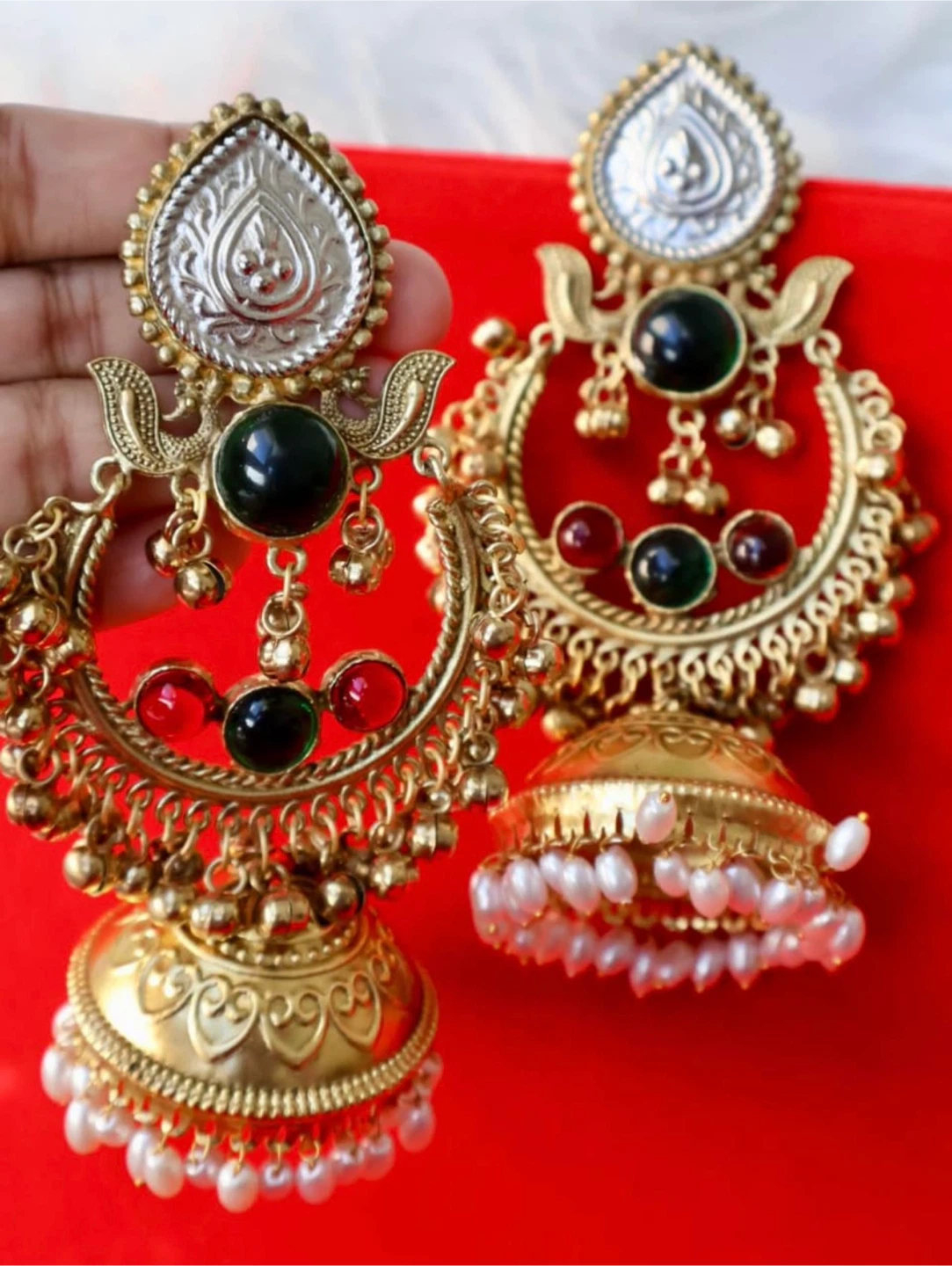 Kashmiri Gold Tone Jhumka Earrings with Pearls and Gemstones