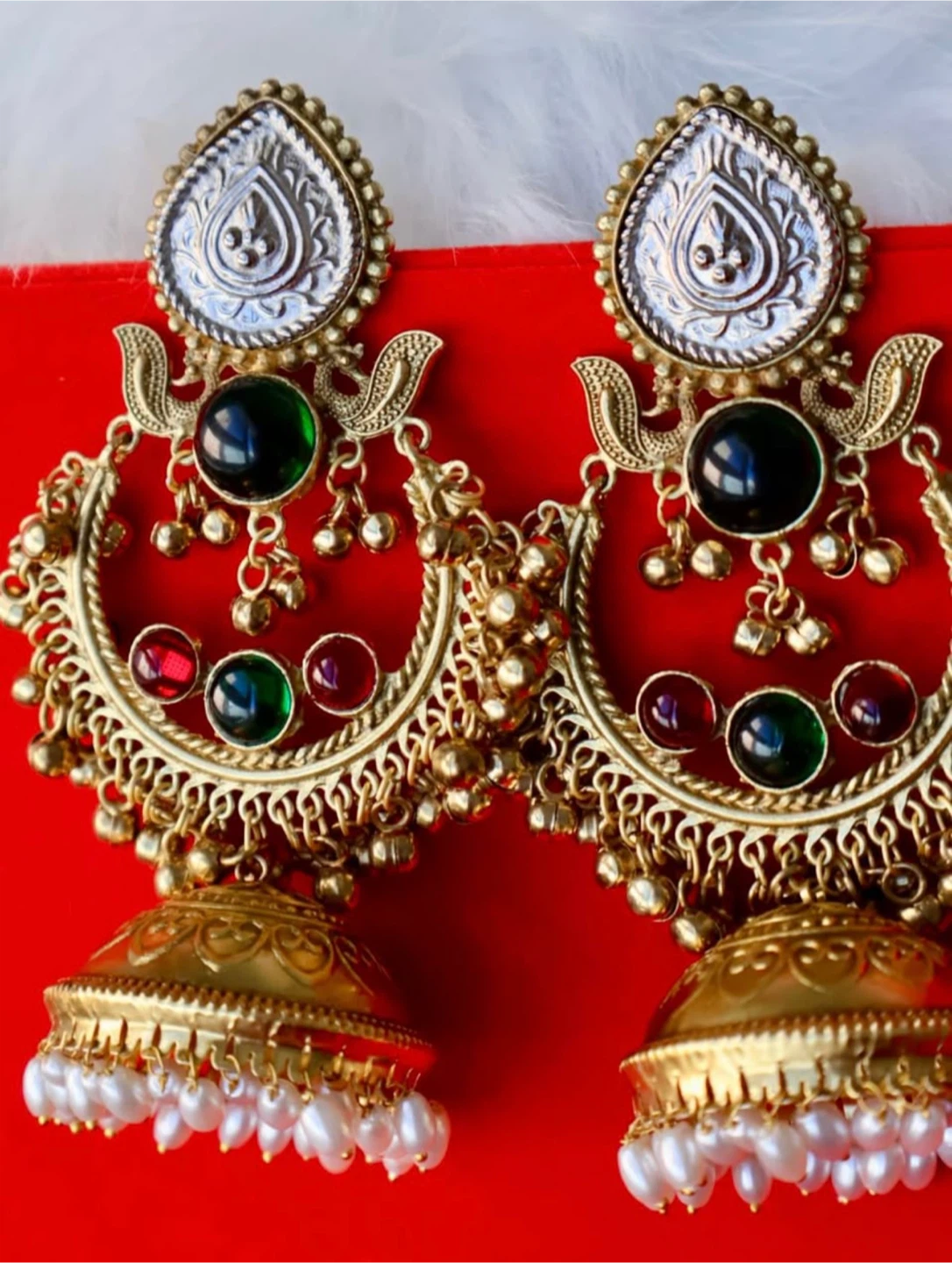 Kashmiri Gold Tone Jhumka Earrings with Pearls and Gemstones - photo 2
