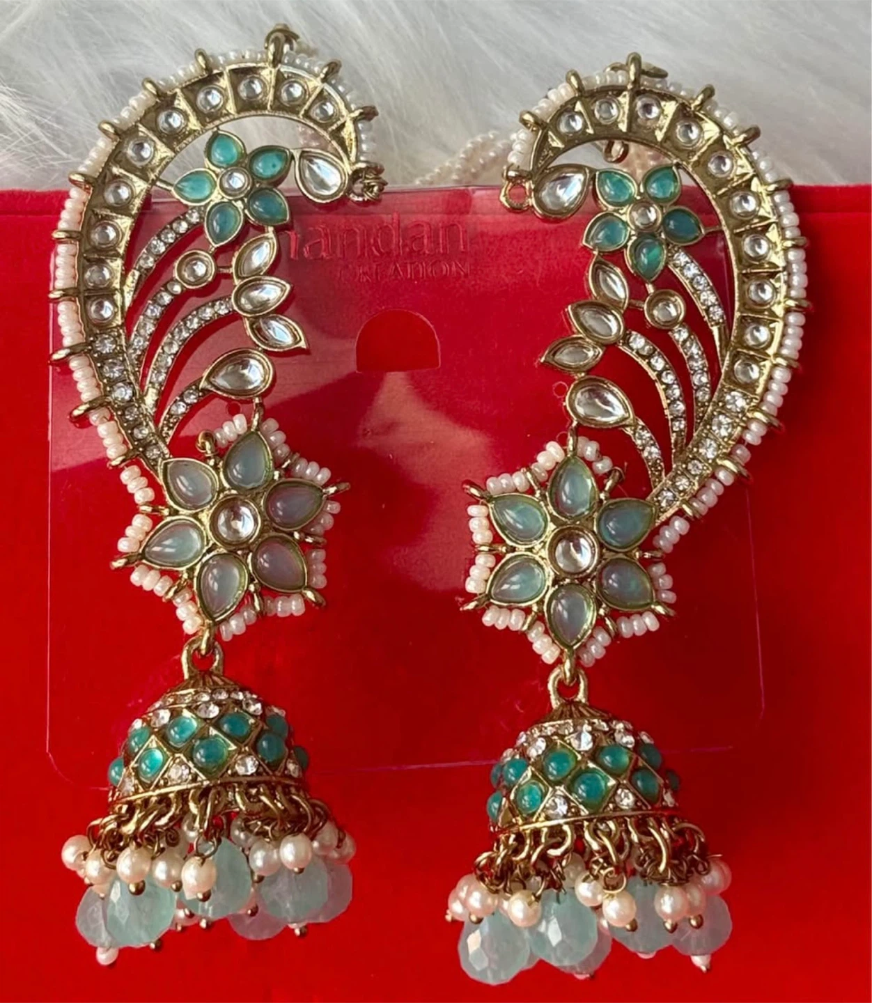 Earcuffs!! Gold Tone Jhumka Earrings with Pink Stones - photo 5
