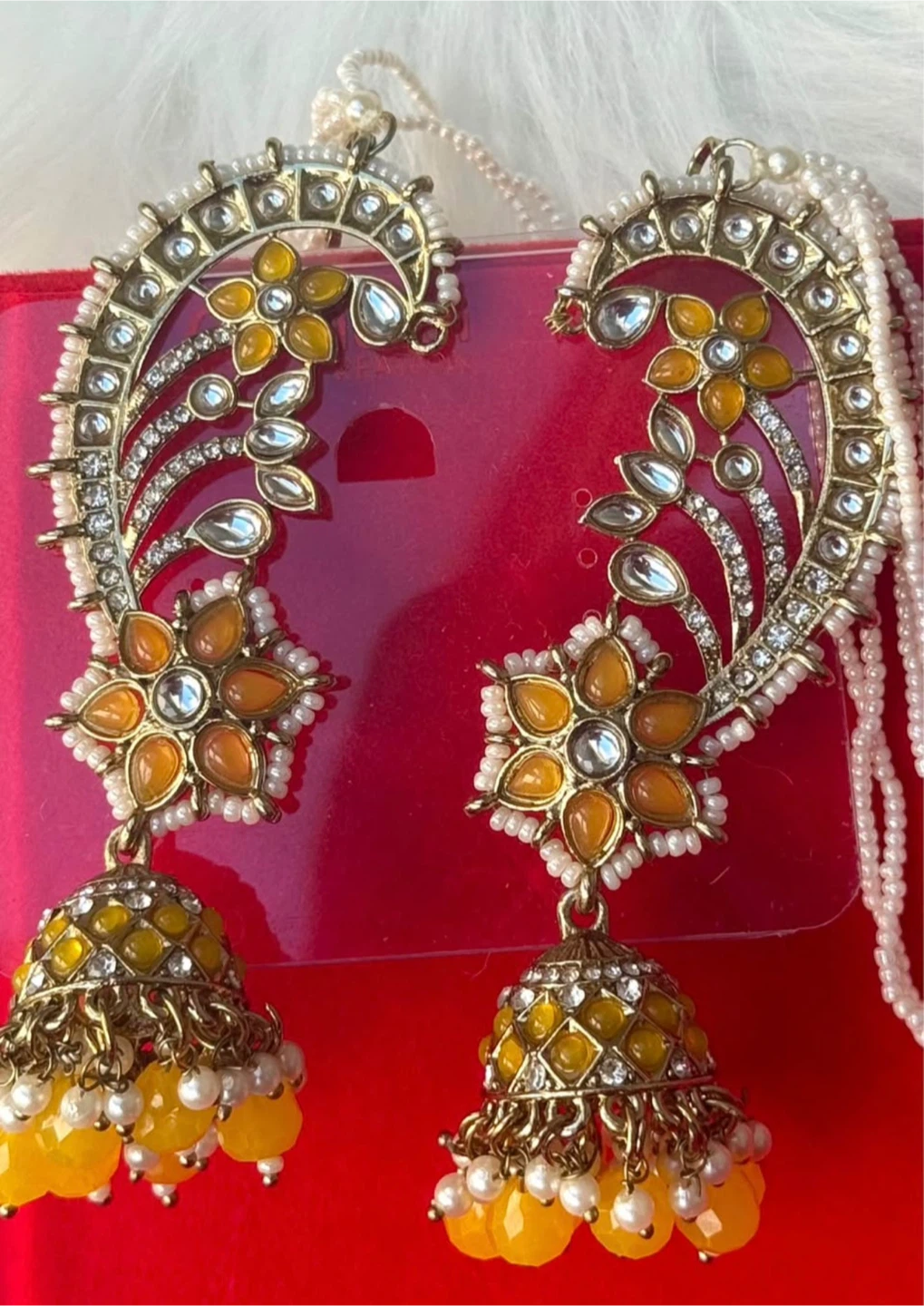 Earcuffs!! Gold Tone Jhumka Earrings with Pink Stones - photo 4