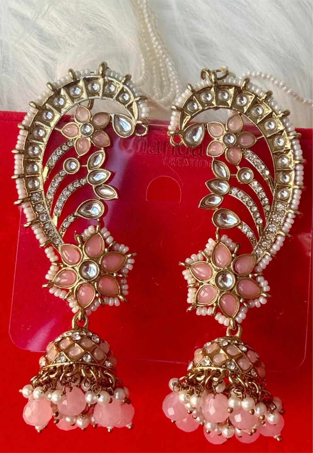 Earcuffs!! Gold Tone Jhumka Earrings with Pink Stones - photo 3
